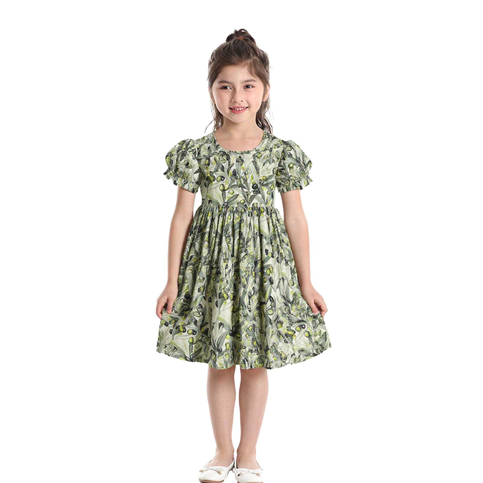 Gelikeya Toddler Girl Easter Dress Short Sleeve Holiday Party Leopard Print Dress Casual Dancewear Summer Dresses Clothes(Tweens, Green, 3-4 Years)